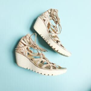 Fly London Criss Cross Strappy Gladiator Wedge Heels Lace Up Womens EU 40 Silver